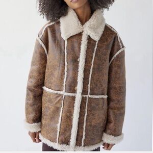 Urban Outfitters Brown Faux Shearling Aviator Coat with Cream Trim